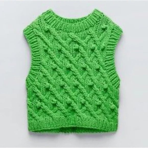 Zara Limited Edition Cable Knit Dot Sleeveless Sweater Vest Green Sz Small - Picture 2 of 11